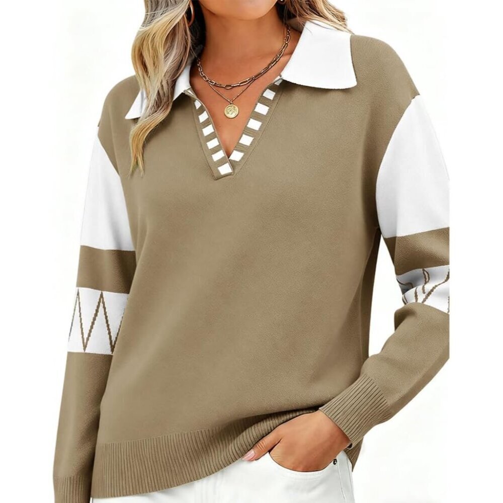 Women V Neck Sweater Long Sleeve Colorblock Knit Pullover Casual Style